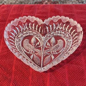 Vintage Heart-Shaped Hofbauer Crystal Dish with Etched Bird Design